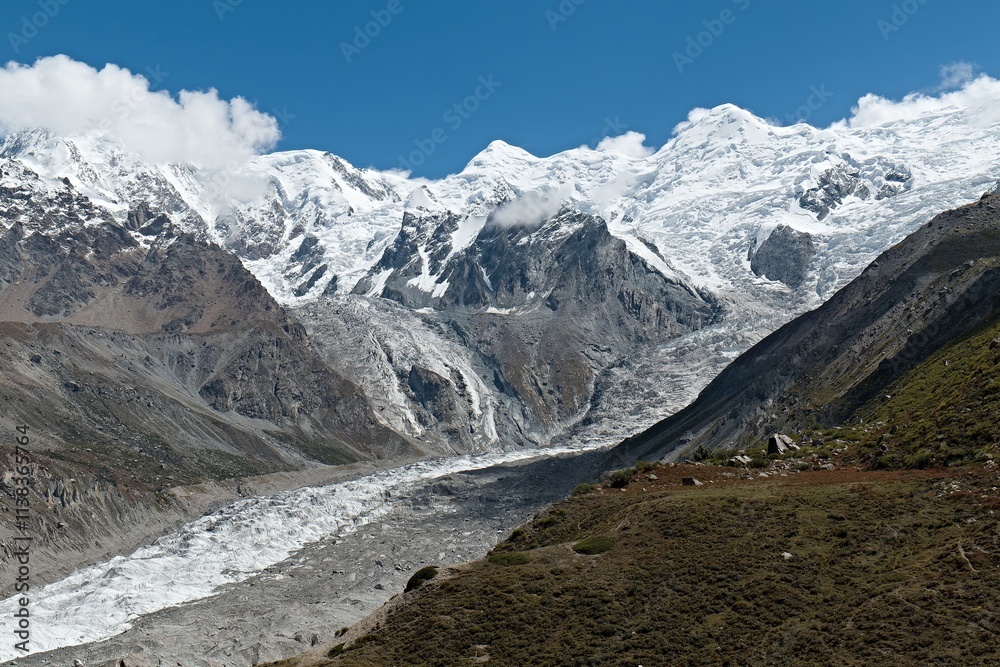 Obraz premium View of the Chongra massif of peaks and Rakhiot glacier from Behal village. Rakhiot valley. Himalayan mountains. Gilgit-Baltistan region. Pakistan. Asia.