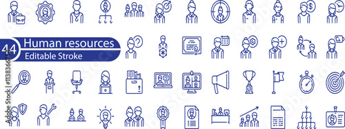Set of 44 thin line icons related human resources, teamwork, co-workers, cooperation. Linear business simple symbol collection. vector illustration. Editable stroke