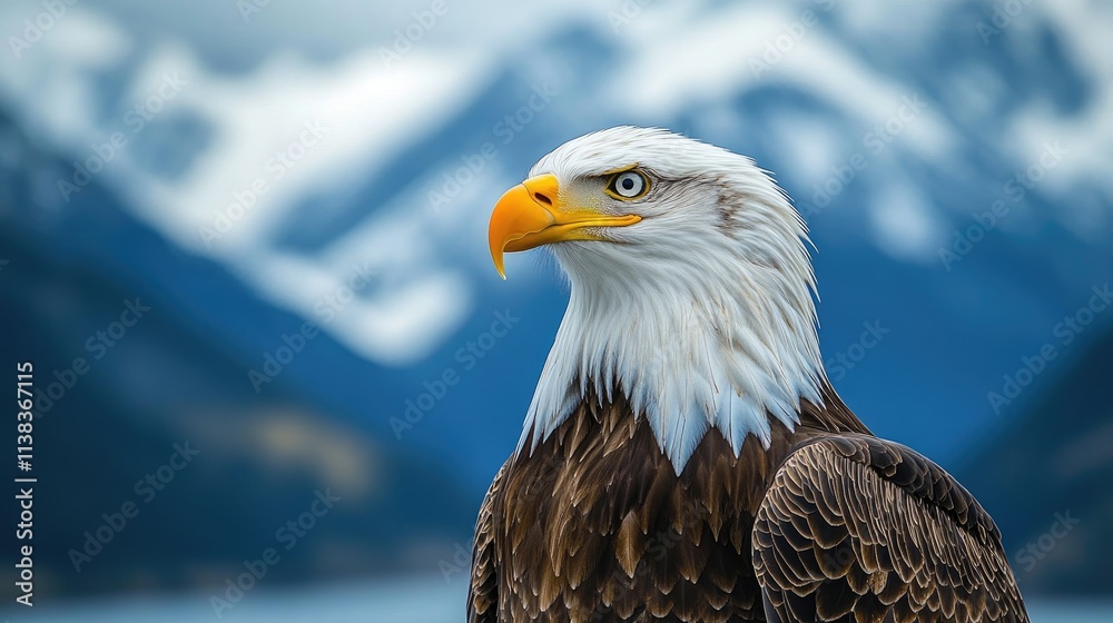 Obraz premium Close-up of majestic bald eagle with focused gaze against a backdrop of snow-capped mountains and a serene blue lake.