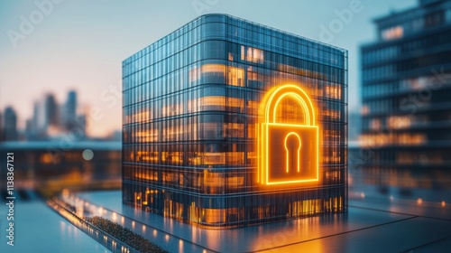 Illuminated lock graphic on a modern building symbolizing digital security and data protection in urban architecture