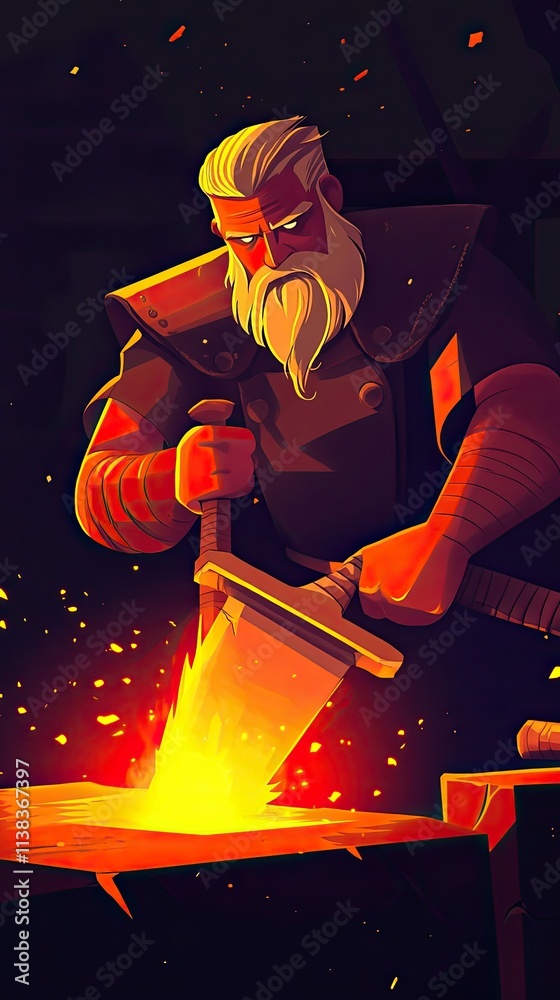 Fototapeta premium A Mighty Blacksmith Forges A Fiery Sword