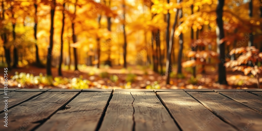 Rustic wooden planks in a forest setting with a blurry background of golden autumn leaves Rustic wooden planks in a forest setting with a blurry background of golden autumn leaves
