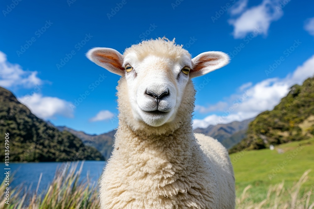 Fototapeta premium A serene rural landscape with a ewe grazing in a field surrounded by rolling green hills under a bright blue sky