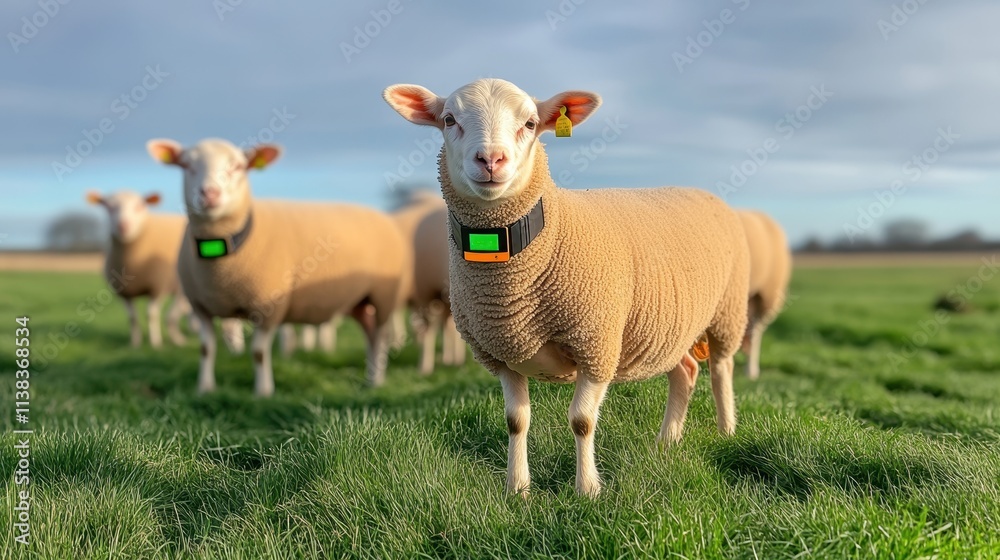 Curious Sheep Standing in Lush Green Field with Technology Collars on Clear Day, Capturing Rural Life and Livestock Management in a Bright Pastoral Landscape Curious Sheep Standing in Lush Green Field with Technology Collars on Clear Day, Capturing Rural Life and Livestock Management in a Bright Pastoral Landscape