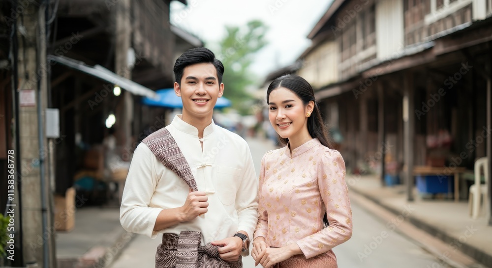 Fototapeta premium Young asian couple in traditional clothing smiling on quaint street in cultural heritage setting