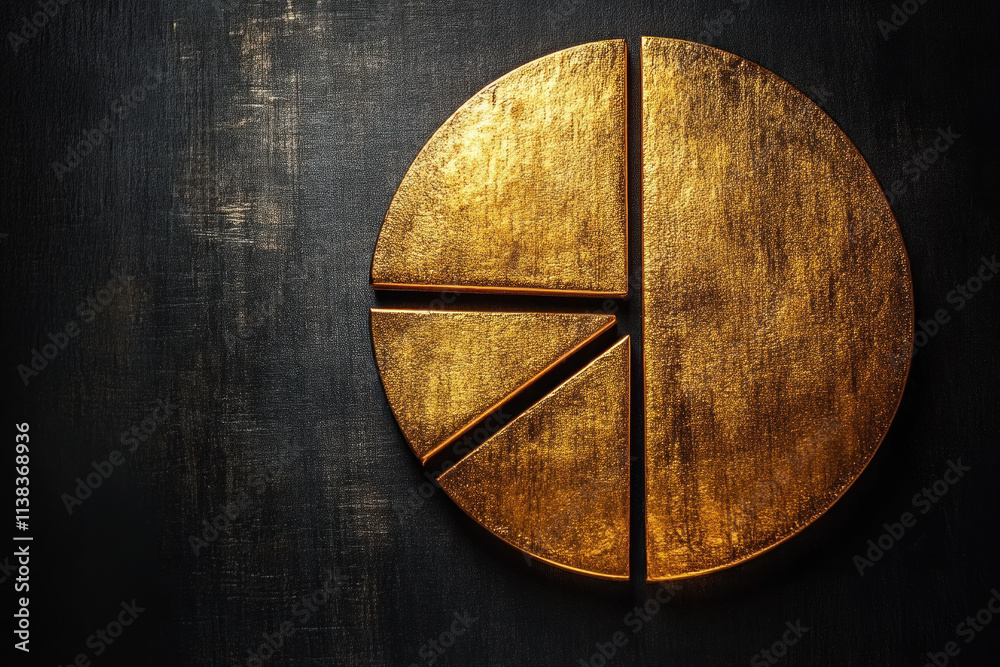 Fototapeta premium Gold pie chart divided into sections on dark background.
