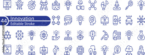 Innovation icon set. Creative Solutions, Disruptive Technologies, Strategic Innovation, Future Trends, Competitive Advantage, Agile Innovation and Design Thinking