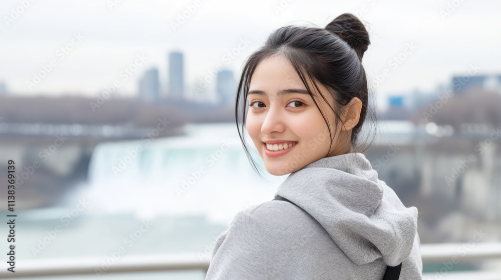 Indonesian tourist woman traveling and enjoying vacation at Niagara Falls