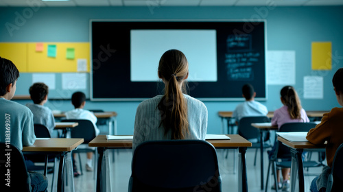 A classroom scene showing students attentively facing a blank screen, emphasizing focus and learning in an educational environment.