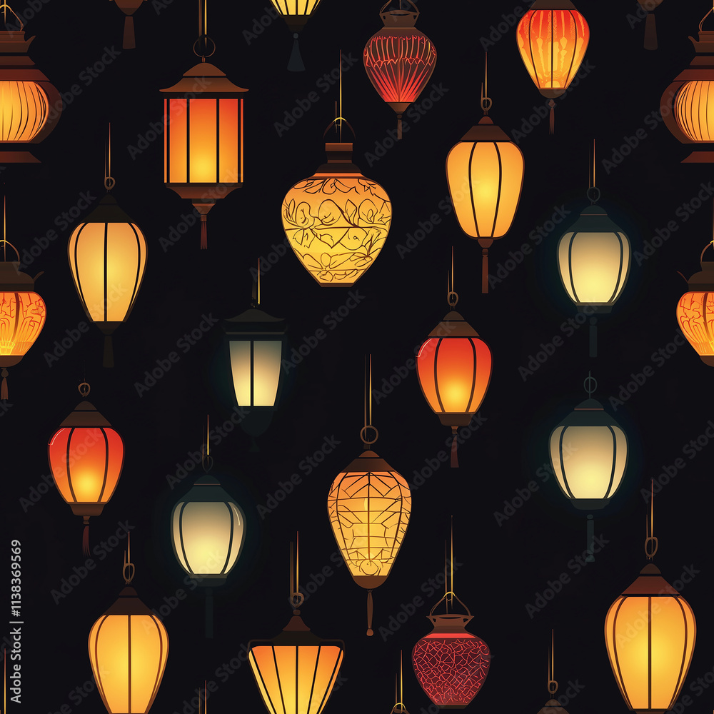 Seamless islamic pattern of lanterns ramadan celebration digital art nighttime aesthetic design concept Seamless islamic pattern of lanterns ramadan celebration digital art nighttime aesthetic design concept