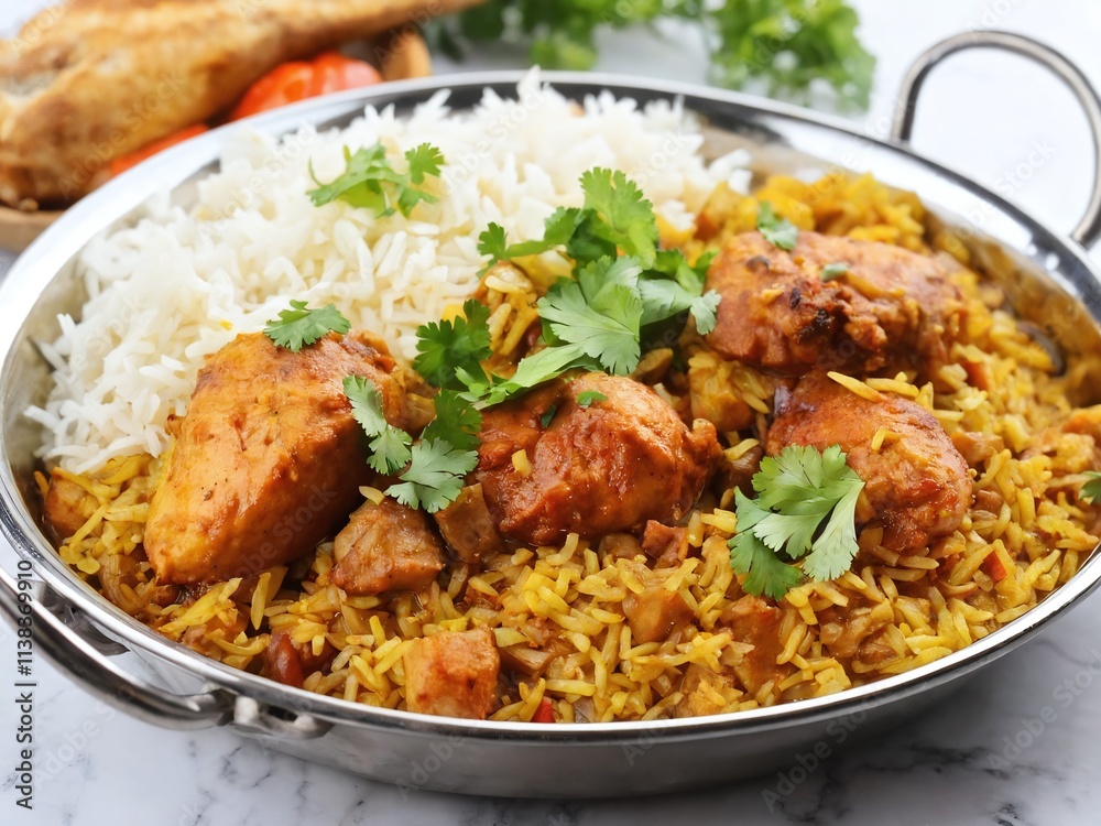 Enjoying a flavorful chicken biryani with aromatic rice and spices in a cozy dining setting