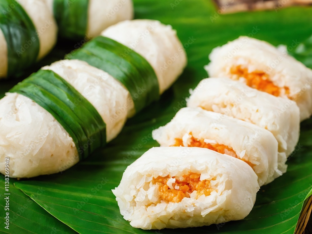 Delicious rice rolls with savory filling wrapped in green leaves presented on a tropical leaf background Delicious rice rolls with savory filling wrapped in green leaves presented on a tropical leaf background