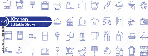 kitchen icon set with bedroom, living room, bathroom, dining table, chair, wardrobe, sofa, led tv and stove.