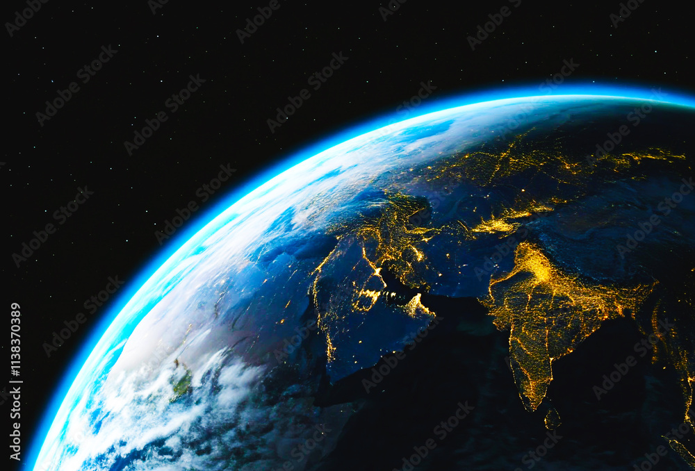 Earth from Above: Illuminated Cities and Clouded Skies