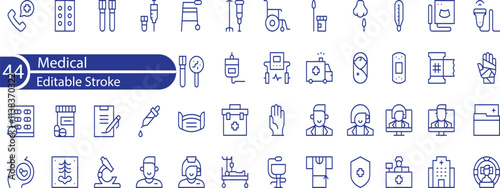 Set of 44 Medical and Healthcare web icons in line style. Medicine, check up, doctor, dentistry, pharmacy, lab, scientific discovery, collection. Vector illustration.