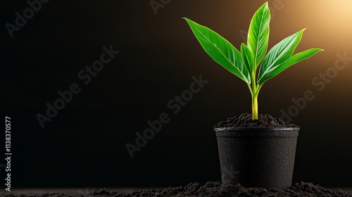 New Growth, New Beginnings: A single green sprout emerges from rich soil, symbolizing hope, resilience, and the promise of a brighter future. The soft golden light casts a warm glow. photo