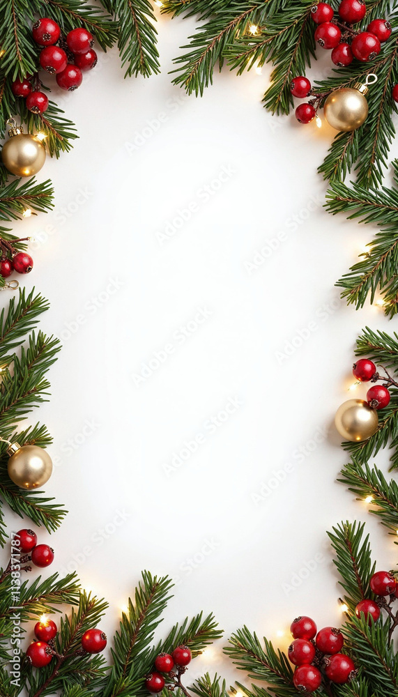 A festive flat lay Christmas frame featuring green spruce, golden snowflakes, shiny red ornaments, and soft string lights arranged around a blank white center, perfect for designs or text. A festive flat lay Christmas frame featuring green spruce, golden snowflakes, shiny red ornaments, and soft string lights arranged around a blank white center, perfect for designs or text.