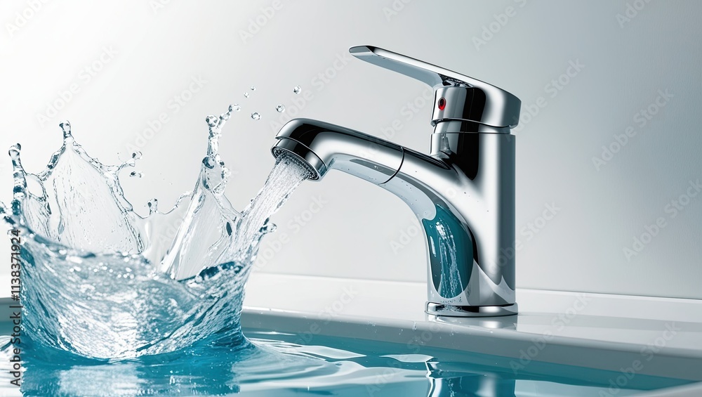 A sleek, modern chrome faucet with a reflective, mirror-like finish sits against a crisp, white background, surrounded by dynamic, translucent splashing water droplets and a mesmerizing rush of crysta A sleek, modern chrome faucet with a reflective, mirror-like finish sits against a crisp, white background, surrounded by dynamic, translucent splashing water droplets and a mesmerizing rush of crysta