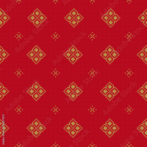 Chinese seamless tracery square round geometric pixel pattern red and golden background. Seamless pattern with Ideal for printing on fabric, paper and cards.