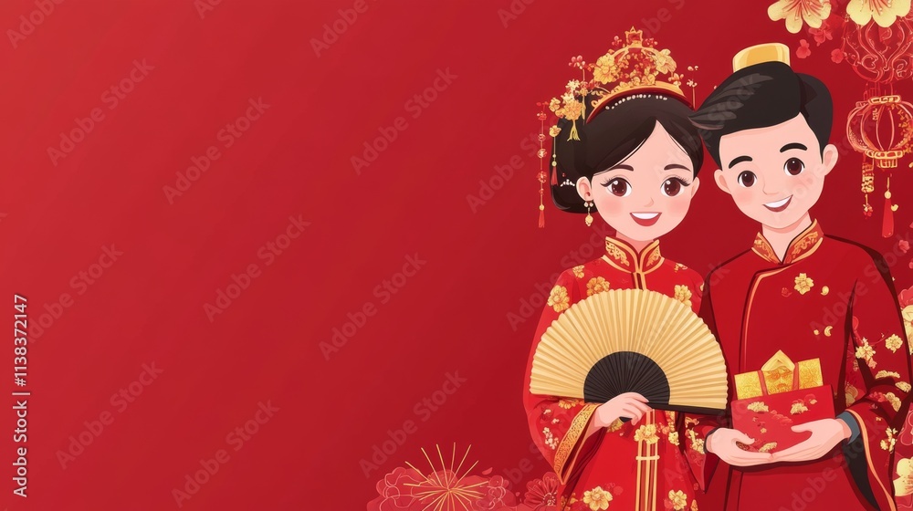 Smiling Asian couple in traditional costumes with fan and gold package as a gift for Chinese new year in oriental red background decoration Smiling Asian couple in traditional costumes with fan and gold package as a gift for Chinese new year in oriental red background decoration