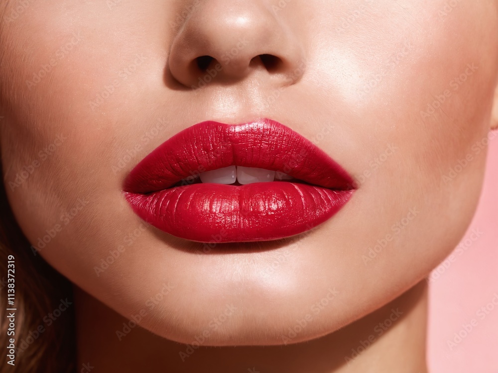 Obraz premium Bright red lipstick enhances beauty in a close-up portrait showcasing smooth lips