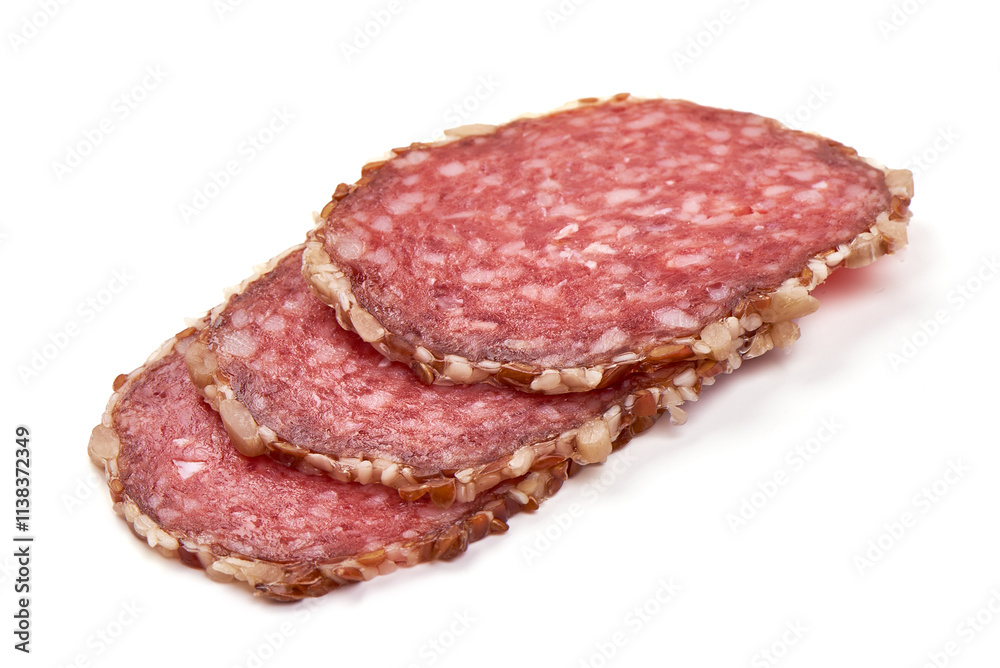 Dried Sliced Salami Sausage, isolated on white background. Close-up. Dried Sliced Salami Sausage, isolated on white background. Close-up.