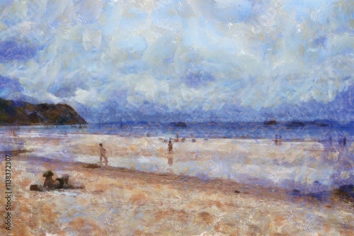 The island's beach landscape illustrated with chalk helps create an impressionistic painting.