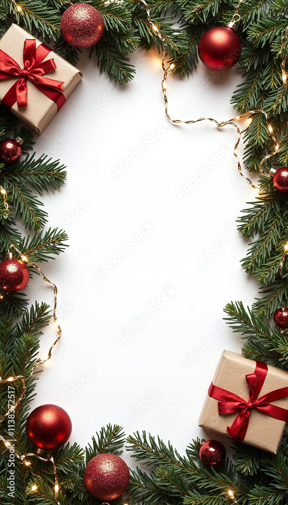 A sophisticated flat lay Christmas frame with lush spruce, red and gold ornaments, small wrapped gifts, and warm string lights, leaving a clean white center for seasonal messages. A sophisticated flat lay Christmas frame with lush spruce, red and gold ornaments, small wrapped gifts, and warm string lights, leaving a clean white center for seasonal messages.