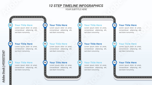12 Steps Infographic Timeline with Editable Text on a 16:9 Layout for Business Presentation, Poster, Banner and Booklet.