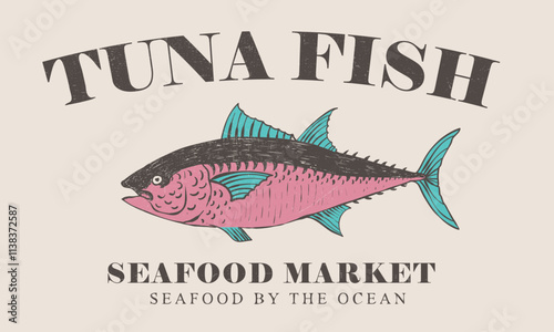 Tuna fish artwork for t shirt print, poster, sticker and other uses. Seafood club. Fish design. Fish vintage artwork.