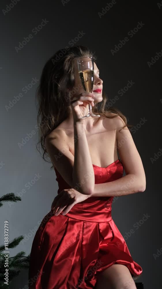 Happy beautiful young woman in festive red dress posing on camera, holding glass of champagne, getting ready for holiday. New Year concept. Merry Christmas Happy beautiful young woman in festive red dress posing on camera, holding glass of champagne, getting ready for holiday. New Year concept. Merry Christmas