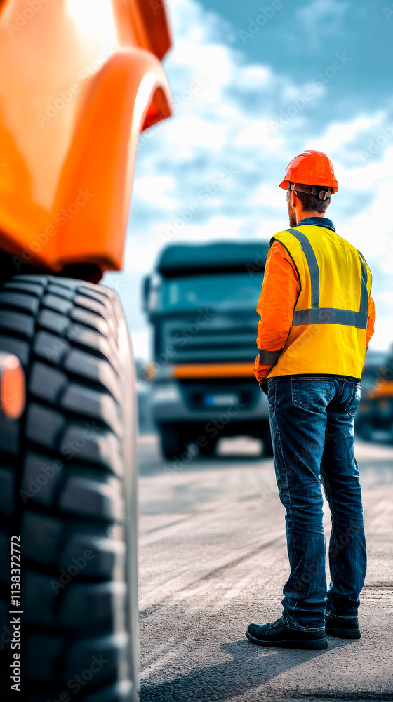 A worker in a safety vest and helmet stands before construction vehicles under a blue sky, emphasizing safety and industrial work. A worker in a safety vest and helmet stands before construction vehicles under a blue sky, emphasizing safety and industrial work.