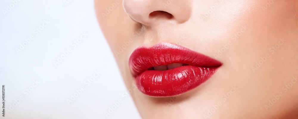 Obraz premium Close-up of glossy red lips with a soft glow showcasing a bold makeup look in a light studio setting