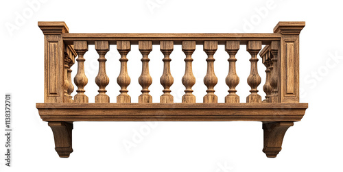 Decorative wooden balcony with classic railing design, isolated on transparent cutout background	
