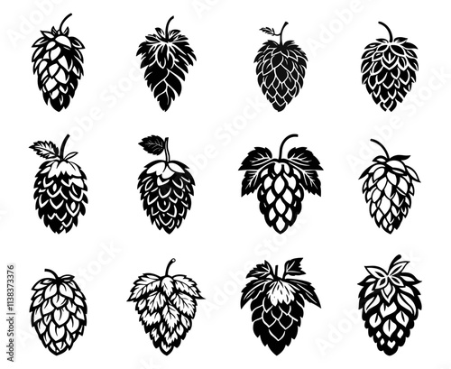 Hops black silhouette set. Beer logo decorative design element. Botanical nature seasonal plant. Fresh herb monochrome logotype. Black and white simple flat style. Isolated vector on white background