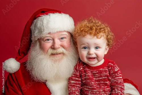 Jolly noel, lovely toddler boy! copyspace. Isolated white toddler boy in santaâ€™s chair on red background. Cute santa lap. Christmas red cute portrait. Kid christmas red portrait. Kid red t. photo