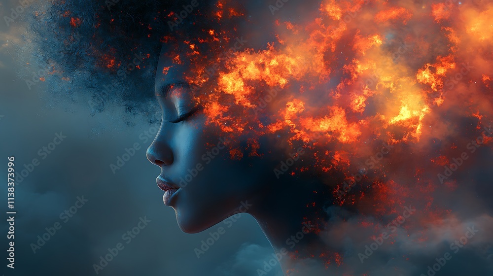 Woman Silhouette Embracing Internal Fiery Transformation Woman Silhouette Embracing Internal Fiery Transformation
