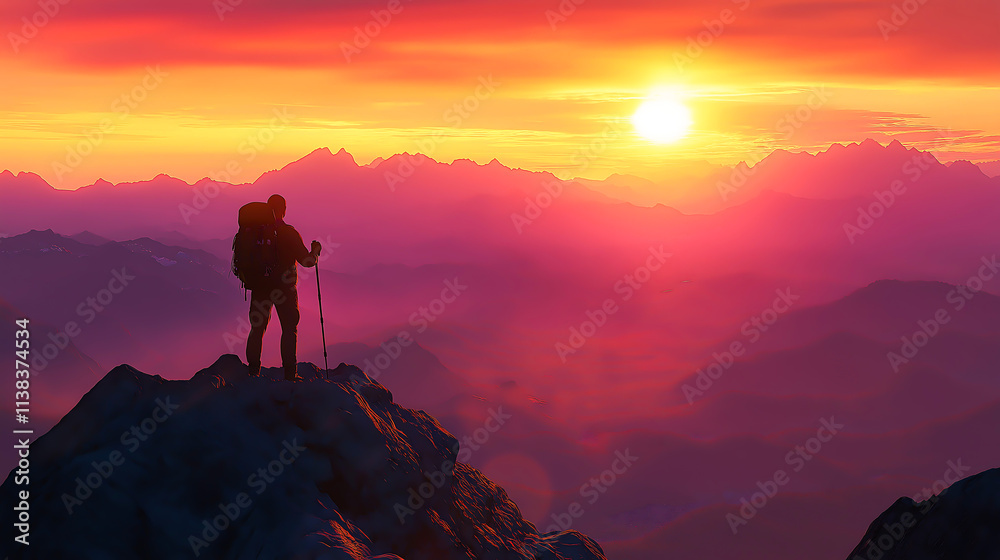 Fototapeta premium Rear view of a hiker standing at the summit of a mountain landscape, Adventure, solitude and achievement