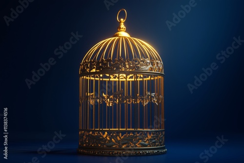 3D rendering of a closed golden bird cage on a dark blue background. photo