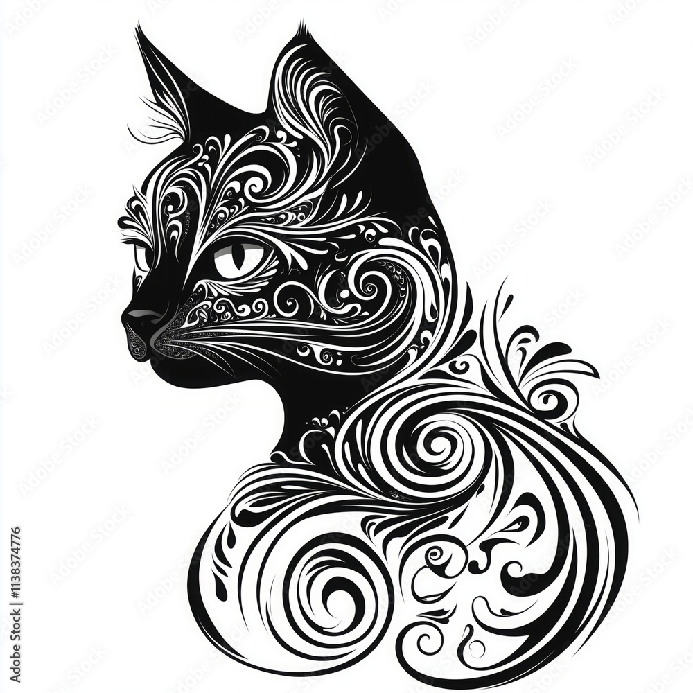 A vector illustration of cat head, filled with intricate swirls and patterns in black on a white background. A vector illustration of cat head, filled with intricate swirls and patterns in black on a white background.