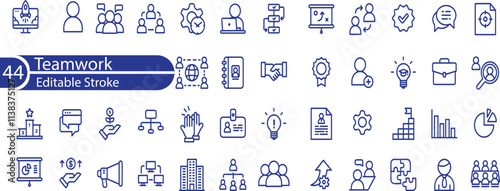Set of 44 thin line icons related team, teamwork, co-workers, cooperation. Linear busines simple symbol collection. vector illustration. Editable stroke