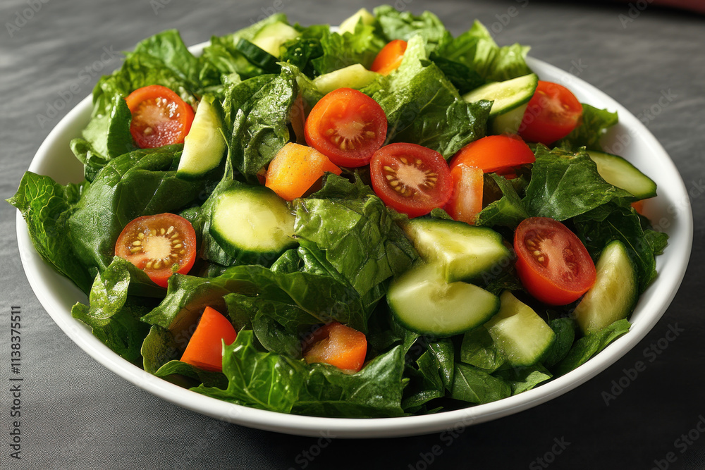 Fresh garden salad with lettuce, cucumber, and tomatoes in a white bowl. Fresh garden salad with lettuce, cucumber, and tomatoes in a white bowl.