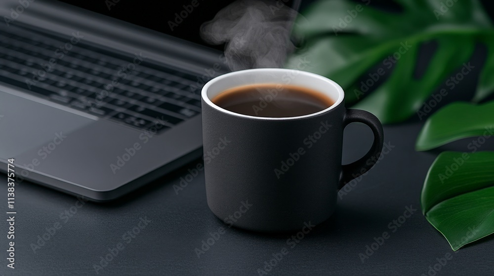 Coffee Break: A steaming cup of coffee sits beside a laptop, bathed in the soft glow of natural light, creating a cozy and inviting atmosphere. The lush green foliage adds a touch of tranquility. Coffee Break: A steaming cup of coffee sits beside a laptop, bathed in the soft glow of natural light, creating a cozy and inviting atmosphere. The lush green foliage adds a touch of tranquility.