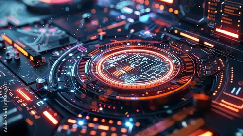 Wallpaper Mural Futuristic cpu socket on a motherboard is glowing with orange and blue lights, processing data and performing complex calculations, showcasing advanced technology and innovation Torontodigital.ca