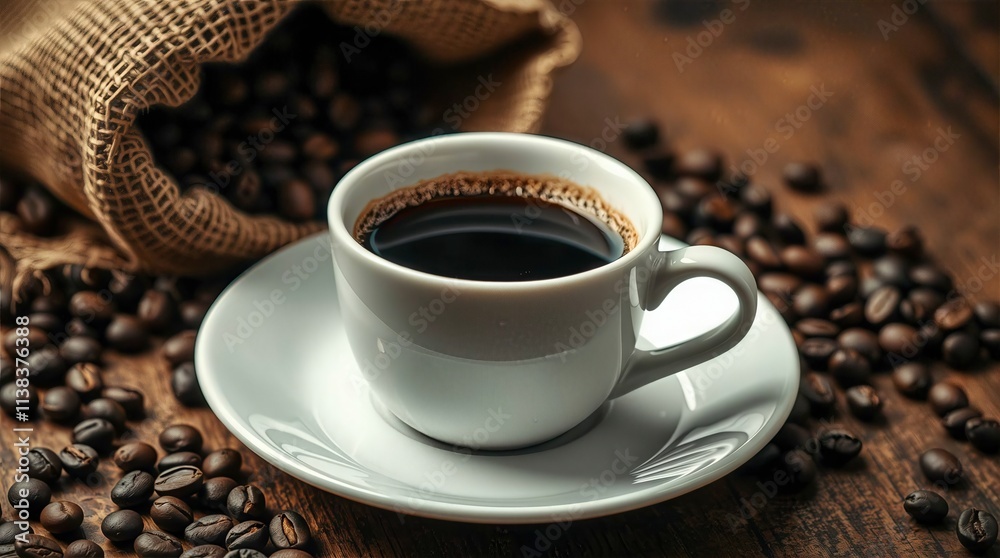 White Coffee Cup and Burlap Sack with Spilled Coffee Beans on Wooden Table White Coffee Cup and Burlap Sack with Spilled Coffee Beans on Wooden Table