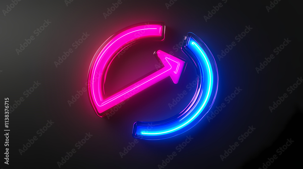 Pink and blue neon light refresh icon. vibrant colored reload technology symbol, isolated on a black background. 3d render. Isolated. Illustration