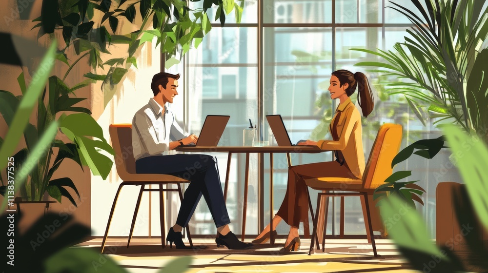 Fototapeta premium Successful business people working together in a coworking office. Two business professionals working on a tech project. Business colleagues talking to each other.