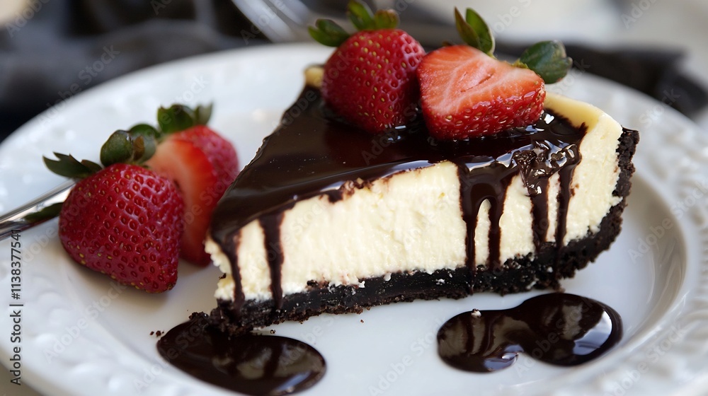 Decadent Slice of New York Style Cheesecake with Chocolate Drizzle and Fresh Strawberries Decadent Slice of New York Style Cheesecake with Chocolate Drizzle and Fresh Strawberries
