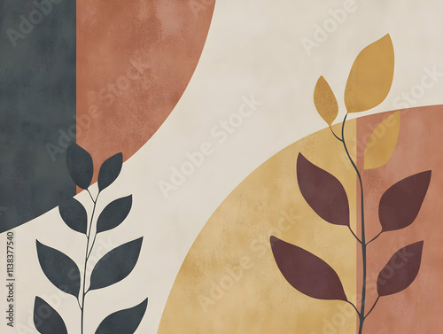 Abstract design featuring leaves and geometric shapes in warm colors.