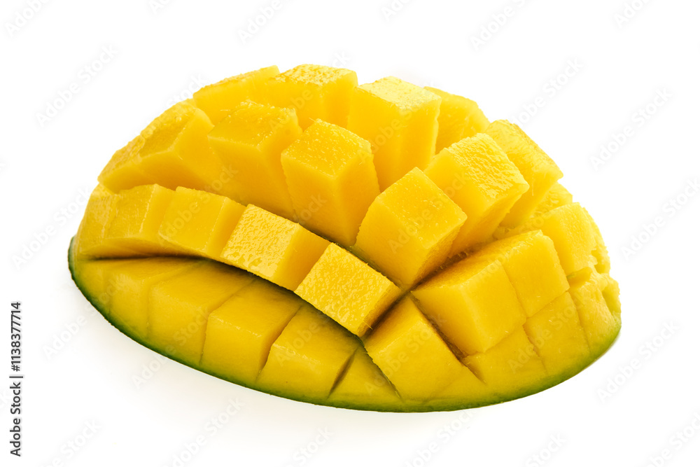 Beautifully sliced mango, tropical fruit, isolated on white background. High resolution image. Beautifully sliced mango, tropical fruit, isolated on white background. High resolution image.